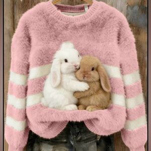 Cozy Plush Bunny Pullover in Pink and White